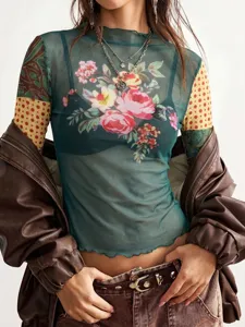 Mesh floral long sleeve top sheer slim fit lettuce trim vintage tee for women autumn fashion style