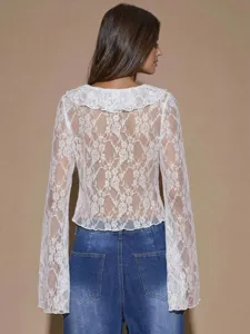 White lace long sleeve top detail view, delicate floral pattern lace blouse for women