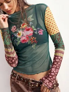 Women sheer mesh floral print long sleeve slim fit top with lettuce edge design for autumn.
