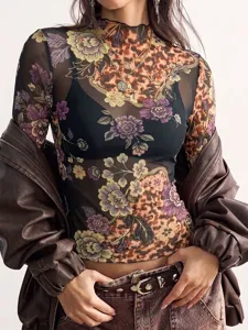 Haut transparent à manches longues motif floral et leopard rétro femme haut moulant Y2K