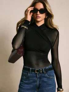 Black mesh long sleeve bodysuit women sexy cross halter fitted top autumn fashion apparel