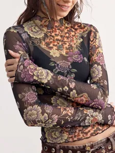 Haut à manches longues en résille à fleurs rétro pour femmes, t-shirt transparent slim mode.