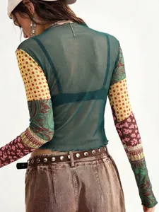 Women mesh patchwork long sleeve top vintage sheer floral polka dot slim fit t-shirt