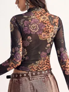 Top à manches longues en tulle fleuri vintage pour femme, chemisier transparent sexy.
