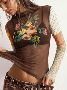 Women fashion sheer mesh floral print slim long sleeve top vintage patchwork blouse