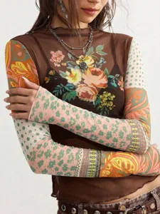 Stylish women mesh printed slim fit long sleeve t shirt with chic lettuce trim design for autumn.