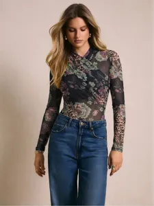Details of the sexy cross-neck floral mesh long sleeve bodysuit for modern autumn style.