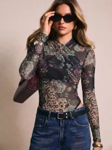 Sexy mesh floral patchwork long sleeve halter bodysuit for women, autumn fashion style.