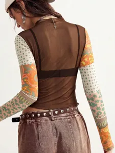 Women mesh patchwork print slim fit long sleeve top back view casual stylish apparel