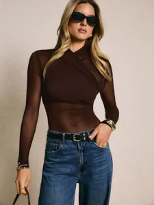 Brown mesh cross halter long sleeve bodysuit detail, sleek fashion apparel product close up view.