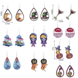 Halloween wooden earrings collection, vintage gothic pumpkin skull drop dangle jewelry gifts.