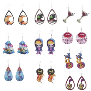 Halloween Wooden Drop Earrings For Women Fashion Pumpkin Skull Ghost Bat Print Costume Party Jewelry