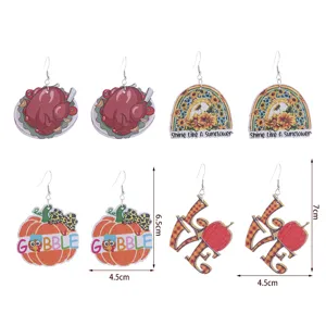 Thanksgiving autumn wooden earrings set featuring turkey, pumpkin, and sunflower designs for women.