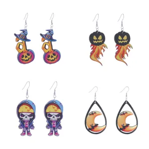 Halloween wooden earrings set featuring cute pumpkin, skull, and bat designs for festive styles.