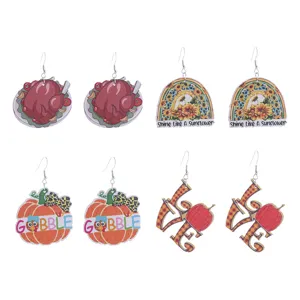 Fall Thanksgiving wooden earrings set featuring turkey pumpkin sunflower and love designs for women.