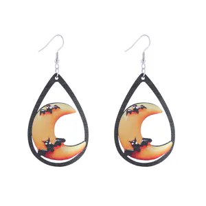 Halloween wooden teardrop earrings with moon and bat design, stylish holiday jewelry.