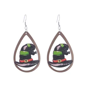 Halloween wooden teardrop earrings with witch hat design, stylish fashion jewelry for girls.