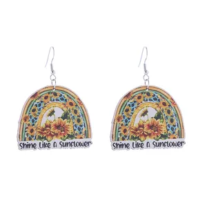 Wooden dangle earrings featuring sunflower rainbow leopard print design for women fashion.