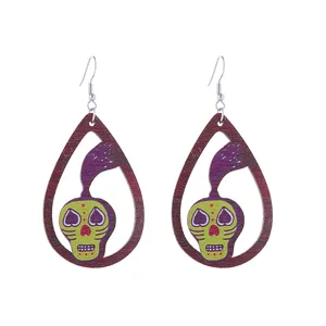 Wooden Teardrop Halloween Skull Earrings Fashion Punk Style Unique Drop Jewelry Gift