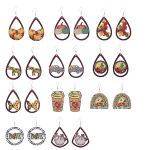 Autumn Thanksgiving wooden teardrop earrings set, cute vintage sunflower coffee sloth jewelry.