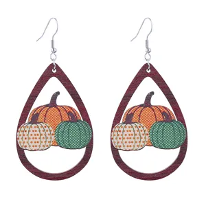 Autumn Thanksgiving wooden teardrop earrings with cute autumn pumpkin prints, perfect for seasonal wear.