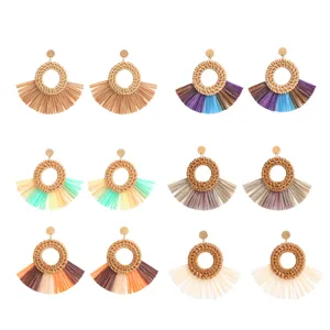 Handgemaakte Geweven Rattan Raffia Waaiervormige Hangende Oorbellen Voor Vrouwen Vintage Geometrische Kwastje Statement Oorbellen Zomer Vakantie Sieraden