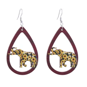 Wooden teardrop earrings with sunflower elephant print vintage bohemian style for women and girls daily wear