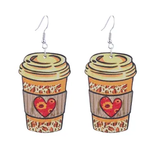 Wooden coffee cup earrings with leopard print and red heart, trendy autumn dangle earrings for women.