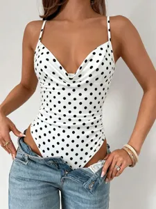 Western Sexy Slim Fit Polka Dot Bodysuit For Women Cowl Neck Spaghetti Strap Backless Polyester Knit Top Streetwear