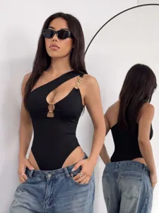 Women Sexy One Shoulder Bodysuit Metal Ring Cutout Tight Fitting Ribbed Knit Leotard Clubwear Sleeveless Top And Bottom