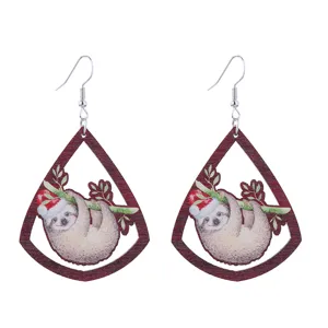 Wooden teardrop earrings featuring cute sloth and Christmas hat print for women.