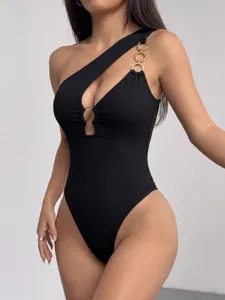 Sexy black one shoulder metallic ring cutout bodysuit for women, sleek slim fit design.
