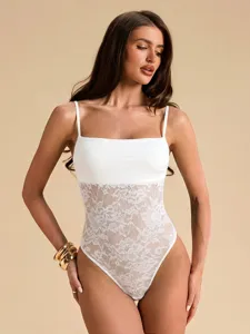 Women sexy square neck camisole bodysuit featuring elegant white lace patchwork design.