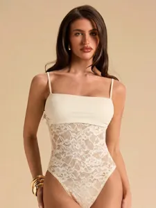 Detailed view of sexy women's lace splicing camisole bodysuit, elegant and stylish fabric.