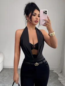 Sexy black halter deep V-neck cutout bodysuit detail, showing stunning slim fit and chic style.