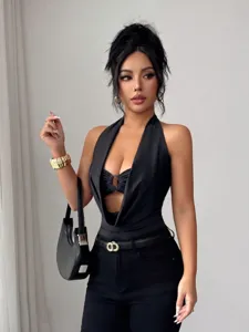 Detail view of sexy halter deep v-neck cutout backless bodysuit for women summer fashion.