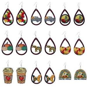 Fall autumn wooden teardrop earrings set with cute autumn leaf pumpkin and coffee cup prints.