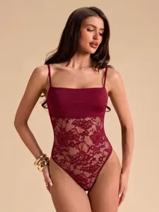 Burgundy spaghetti strap lace patchwork bodysuit for women, sexy slim fit lingerie outfit.