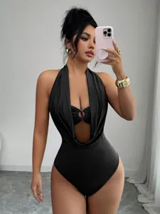 Sexy halter deep V-neck ring cut-out backless one-piece bodysuit for women summer fashion