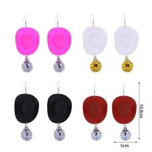 Disco cowboy hat earrings with shiny mirror balls, punk style fashion jewelry for women.