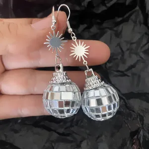 Retro 70s argento palla disco orecchini pendenti sole festa donna gioielli moda
