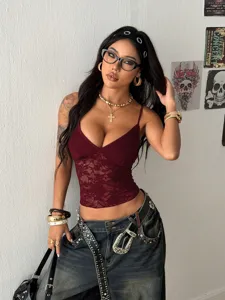 Women Sexy V-Neck Lace Camisole Y2K Slim Fit Backless Crop Top Burgundy Streetwear Summer