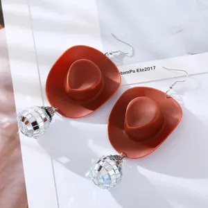 Brown cowboy hat and disco ball drop earrings, punk style fashion jewelry for women party.