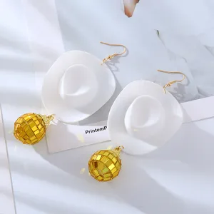 Trendy disco ball white cowboy hat dangle earrings stylish women party jewelry accessory.
