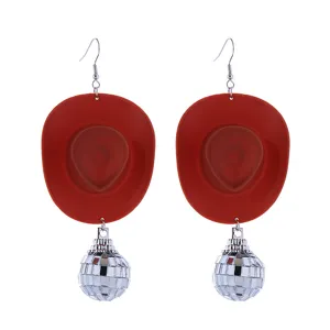 Red cowboy hat disco ball dangle earrings for women party festival jewelry detail view.