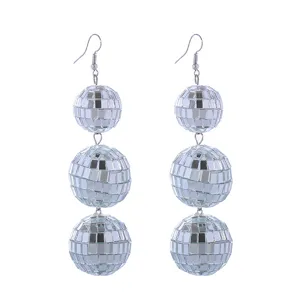 Orecchini pendenti con sfera disco argento vintage anni 70, lunghi pendenti specchiati per feste.