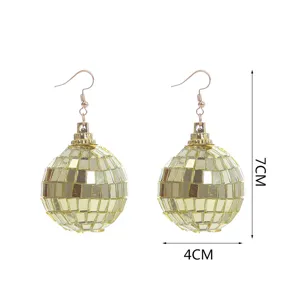 Orecchini a sfera disco dorati anni 70 con design a mosaico a specchio, gioielli da festa.