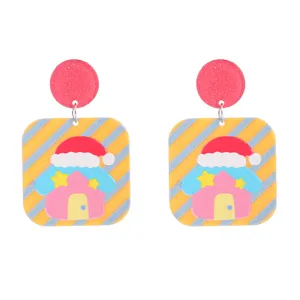 Boucles d'oreilles en acrylique maison rose de Noël colorés géométriques bijoux cadeaux