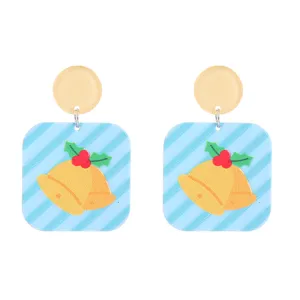 Boucles d'oreilles clous géométriques en acrylique de Noël avec imprimé cloche de fête.