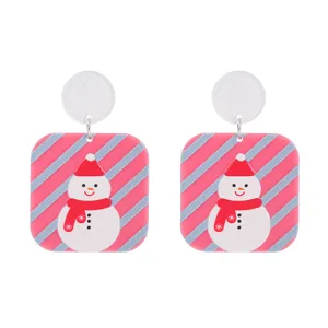 Jolies boucles d'oreilles bonhomme de neige en acrylique de Noël rose brillant design.